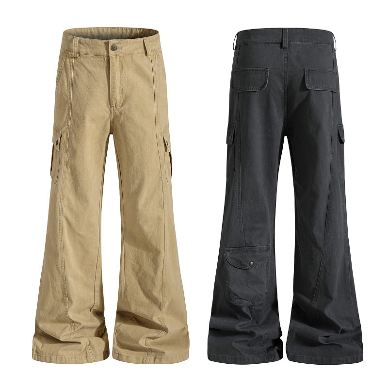 Yiaknis Khaki and Dark Grey Wide-Leg Cargo Trousers with Back Flap Pockets – photo 2