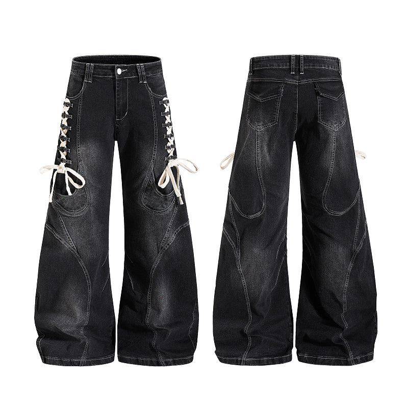 Yiaknis Black Washed Curved-Leg Jeans with Lace-Up Sides, Black