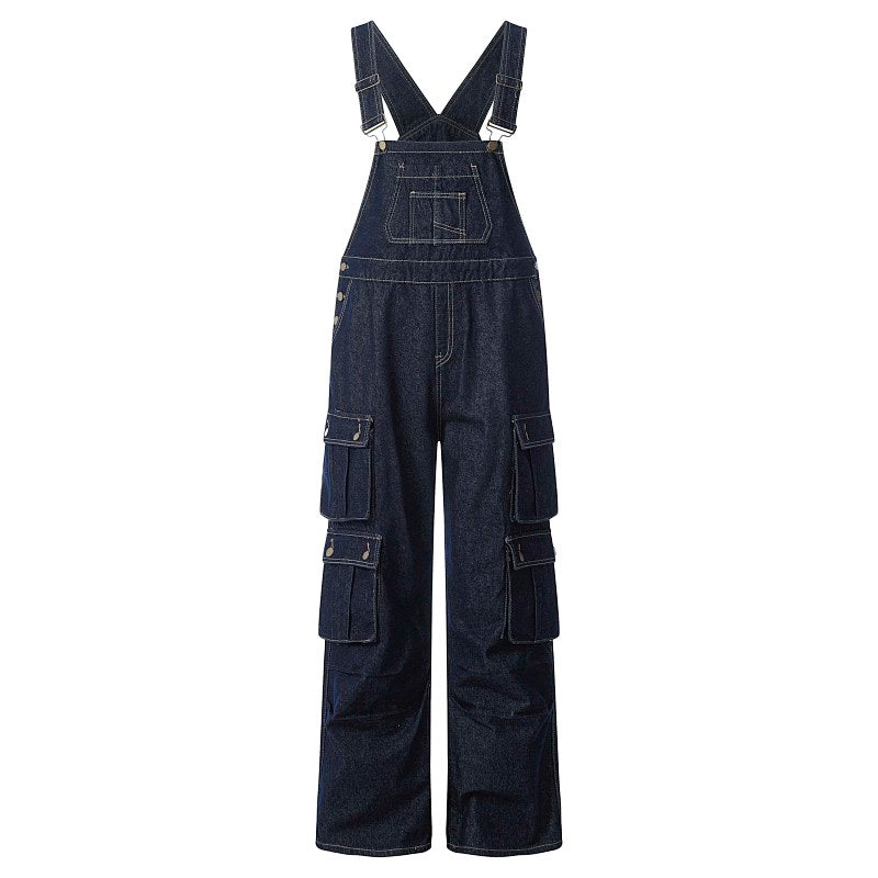 Yiaknis Dark Denim Cargo Overalls with Multiple Pockets - Wide Leg
