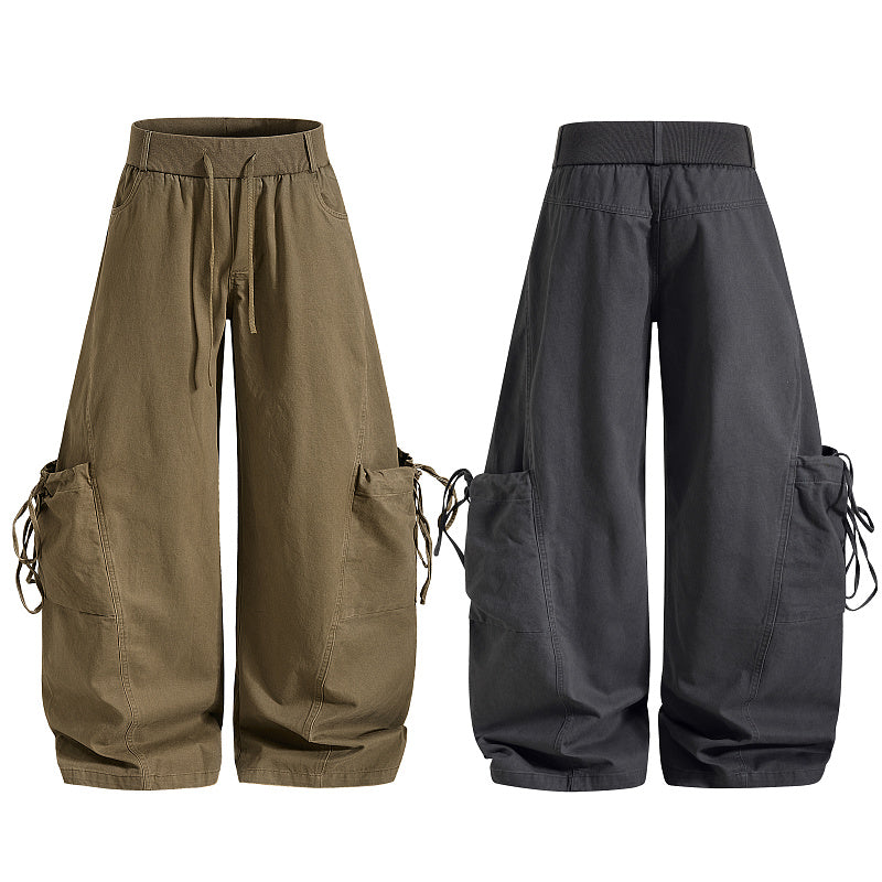 Yiaknis Baggy Wide-Leg Trousers, Drawstring Waist, Khaki and Dark Grey