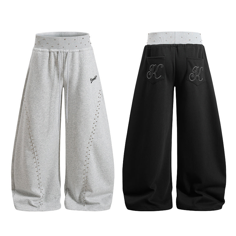 Yiaknis Wide-Leg Sweatpants, Studded Side Lines, Light Grey and Black