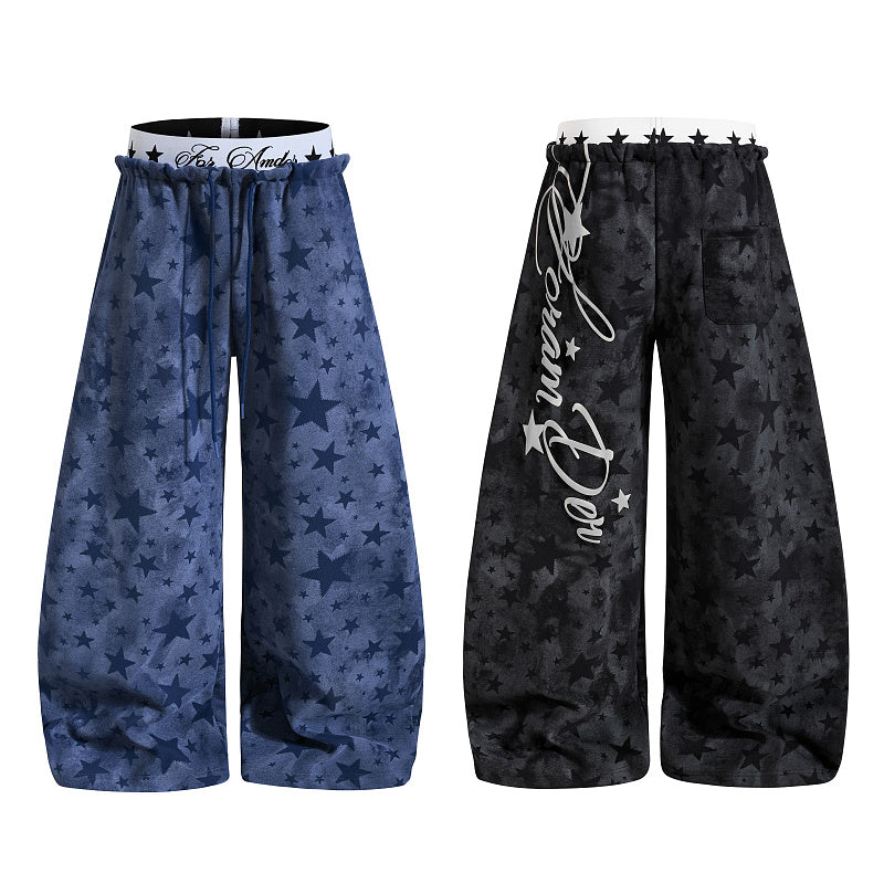 Yiaknis Wide-Leg Star Print Sweatpants, Script Print, Blue and Black
