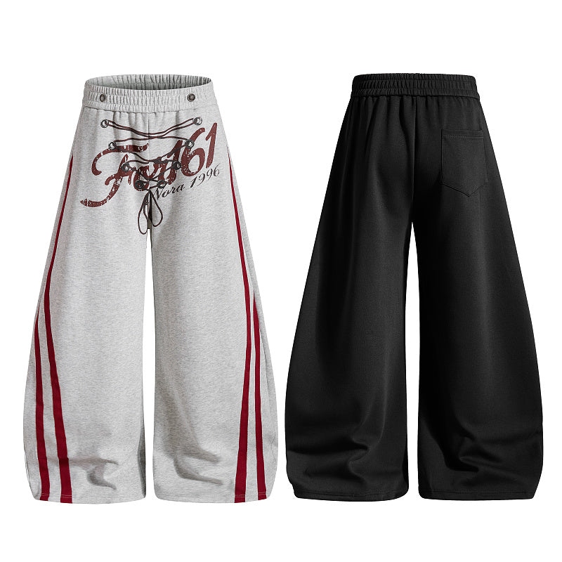 Yiaknis Wide-Leg Sweatpants, Red Side Stripes, Light Grey and Black