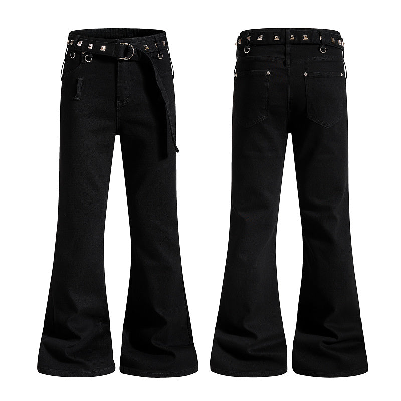 Yiaknis Flared Trousers with Studded Belt and Metal Rings, Black – photo 3