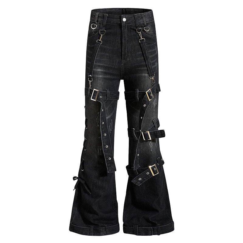 Yiaknis Black Washed Flared Jeans with Buckle Straps