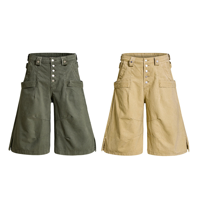 Yiaknis Wide-Leg Cropped Cargo Trousers, Button Fly, Green and Khaki – photo 3