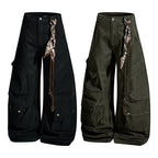 Yiaknis Wide-Leg Cargo Trousers, Snap Pockets, Dark Green and Black – photo 3