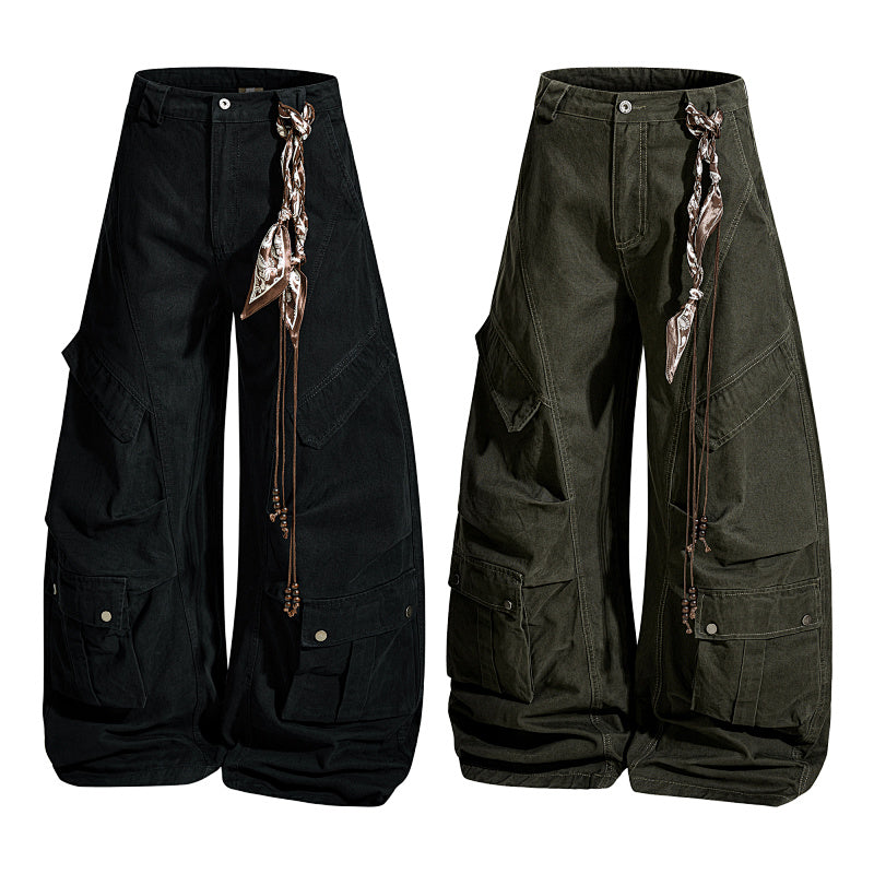 Yiaknis Wide-Leg Cargo Trousers, Snap Pockets, Dark Green and Black – photo 3