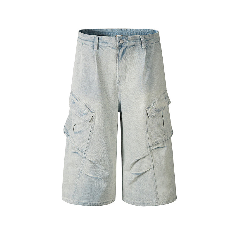 Yiaknis Light Blue Wide-Leg Denim Cargo Capri Pants – photo 3