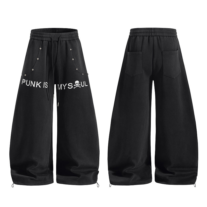Yiaknis Wide-Leg Sweatpants with Punk Letter Print and Studs, Black