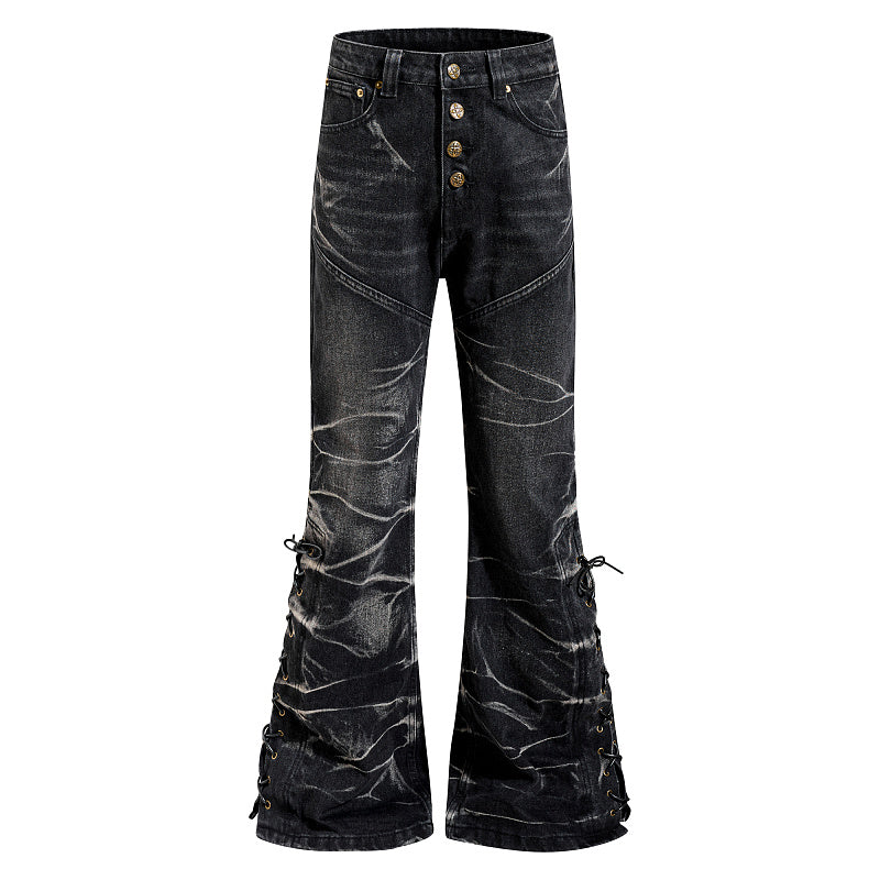Yiaknis Black Washed Flared Jeans with Lace-Up Legs