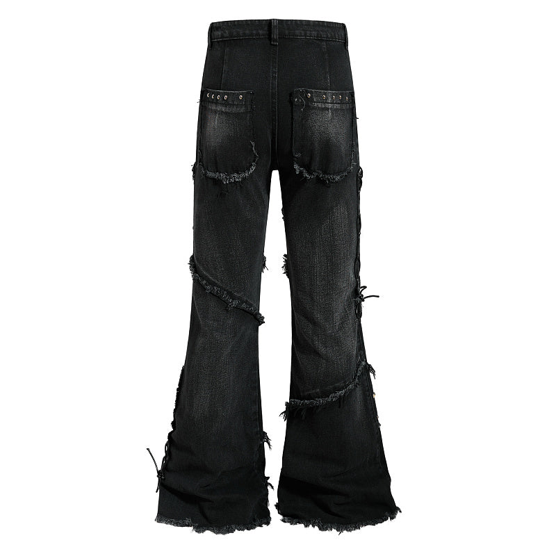 Yiaknis Black Flared Jeans with Studs and Lace-Up Panels