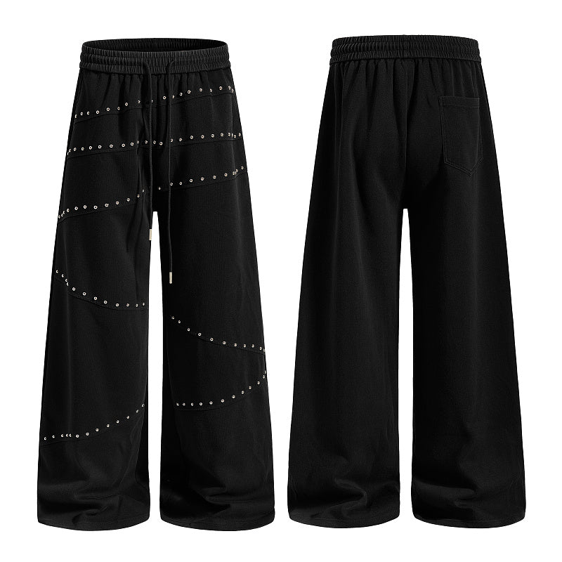 Yiaknis Wide-Leg Sweatpants with Diagonal Stud Rows, Black