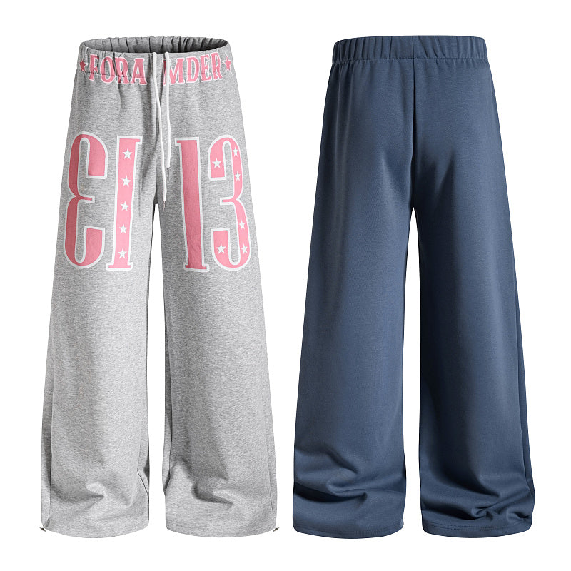 Yiaknis Wide-Leg Sweatpants with Large 13 Print, Light Grey and Blue