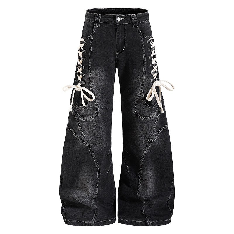Yiaknis Black Washed Curved-Leg Jeans with Lace-Up Sides, Black
