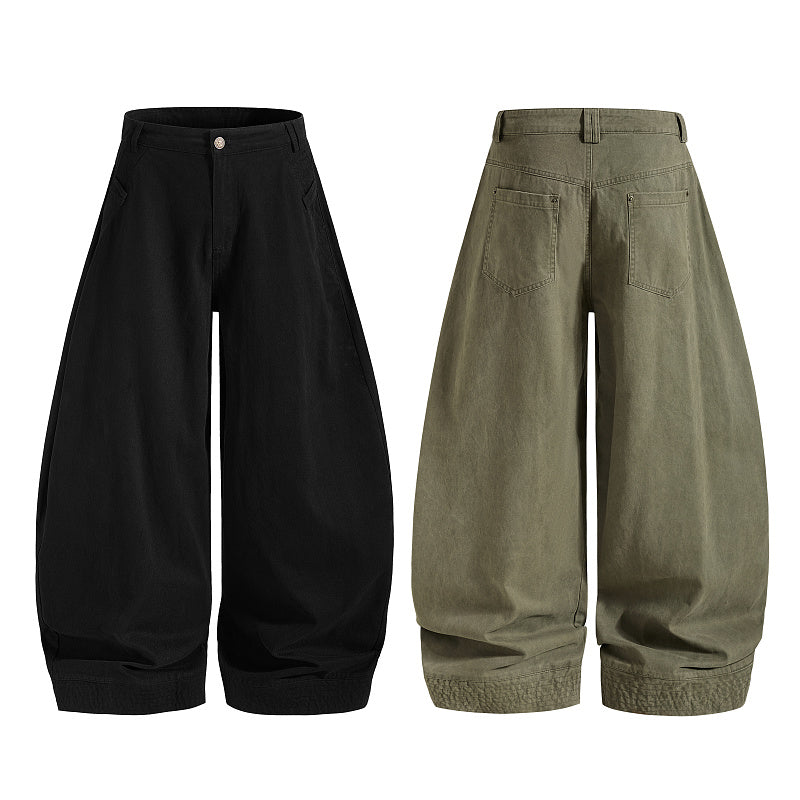 Yiaknis Baggy Barrel-Leg Trousers, Elastic Cuffs, Black and Dark Green