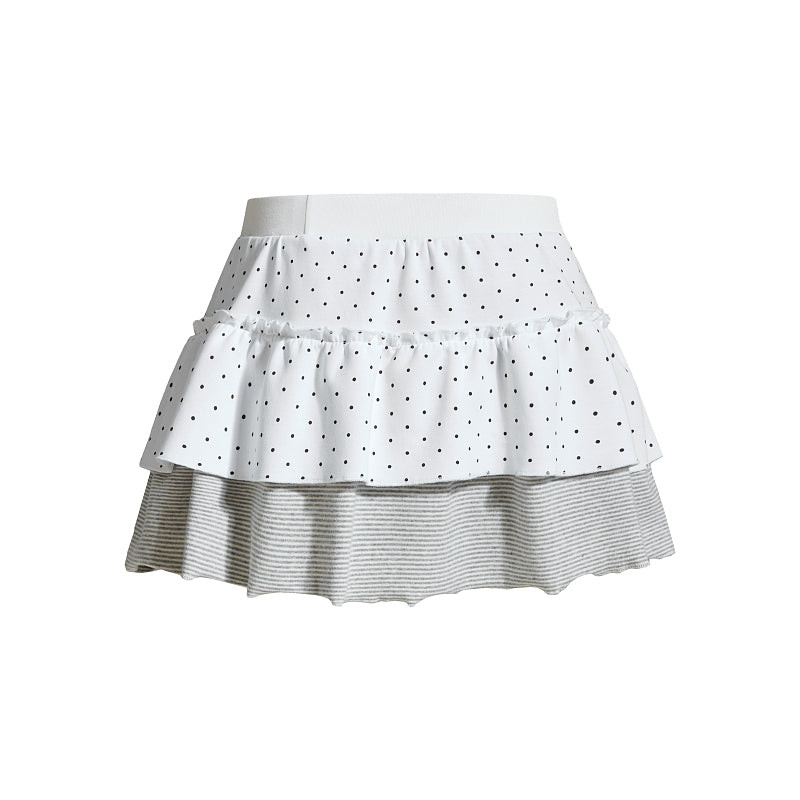 Yiaknis Polka Dot Mini Skirt, Grey Striped Underskirt, White and Grey