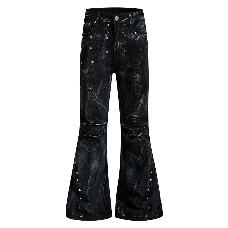 Yiaknis Black Washed Flared Jeans with Leg Studs