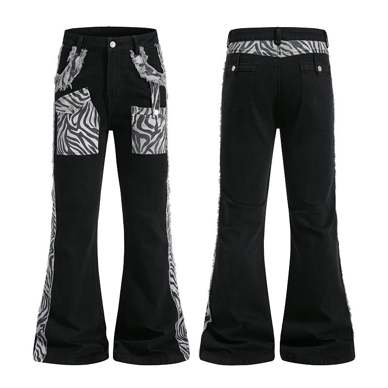 Yiaknis Black Flared Trousers with Zebra-Print Panels, Black