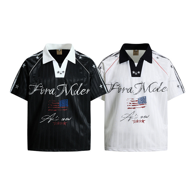 Yiaknis Men's Black and White V-Neck Polo Shirt, Script and Flag Print – photo 3
