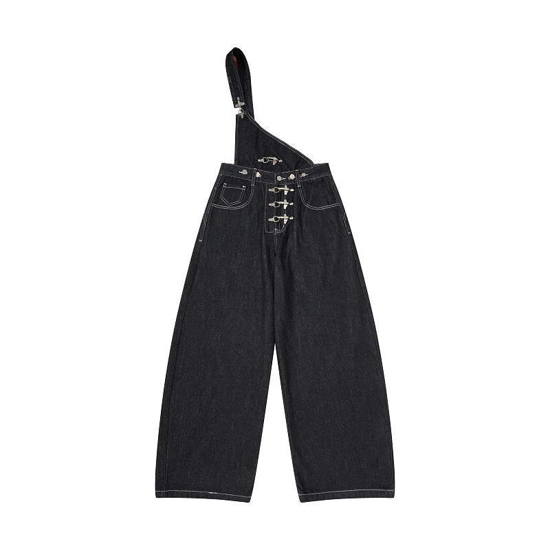 Yiaknis Black Denim Overalls with Toggle Fastening - Black Denim
