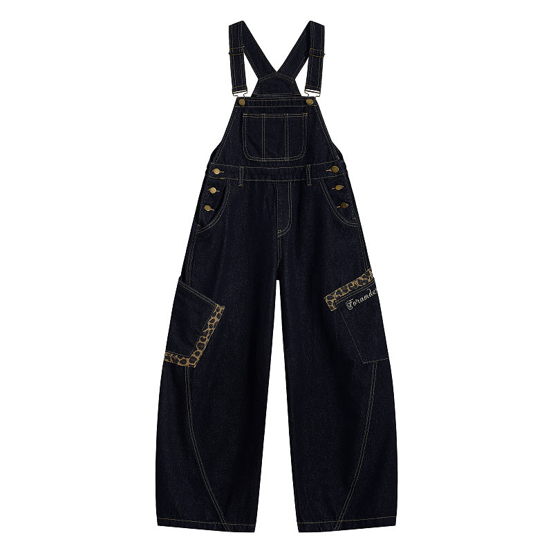 Yiaknis Denim Overalls with Leopard Print Pocket Trim - Dark Denim