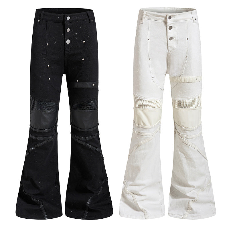 Yiaknis Black and White Flared Jeans with Leather-Look Panels