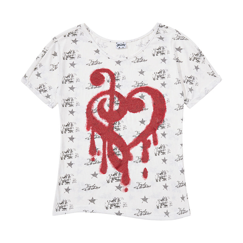 Yiaknis Women's T-Shirt, Star Print and Red Heart Treble Clef, White – photo 3