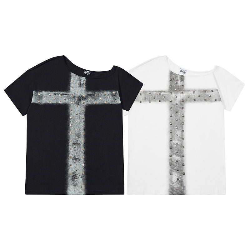 Yiaknis Women's T-Shirt, Large Studded Cross Print, Black and White – photo 3