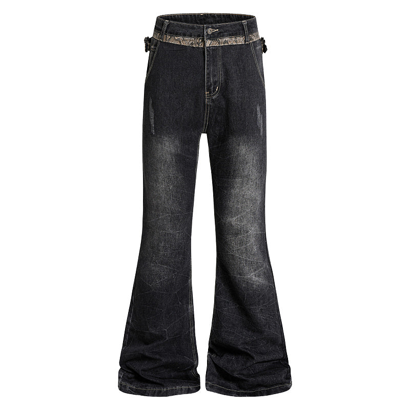 Yiaknis Black Washed Flared Jeans with Snake-Print Belt