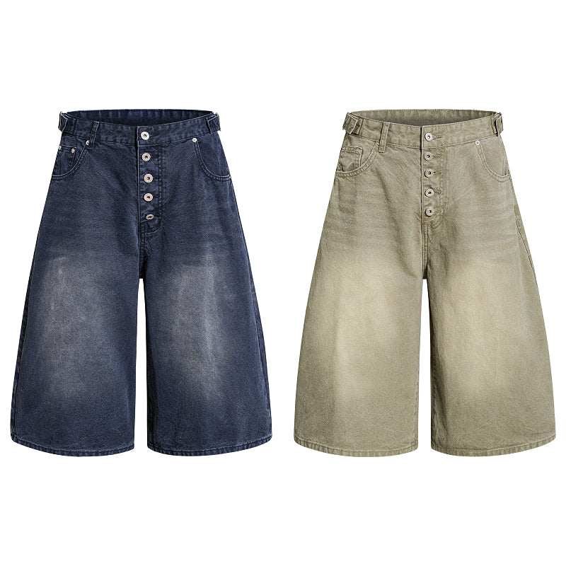 Yiaknis Wide-Leg Cropped Denim Trousers, Button Fly, Blue and Khaki – photo 3