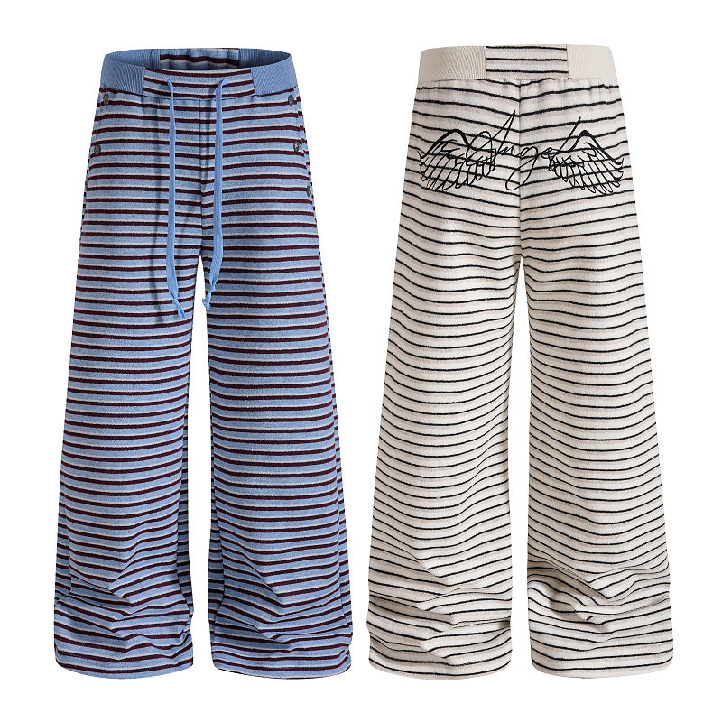 Yiaknis Wide-Leg Striped Sweatpants, Wing Print, Blue and Beige Stripes