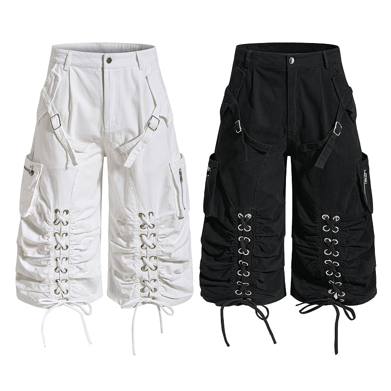 Yiaknis Wide-Leg Cropped Cargo Trousers, Lace-Up Legs, Off White and Black – photo 3