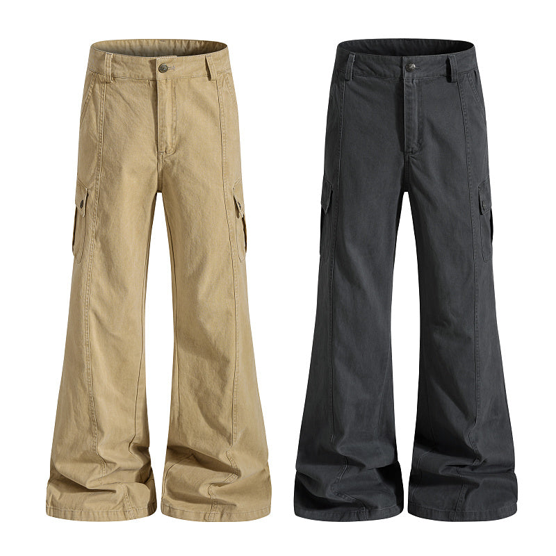 Yiaknis Khaki and Dark Grey Wide-Leg Cargo Trousers with Back Flap Pockets – photo 3