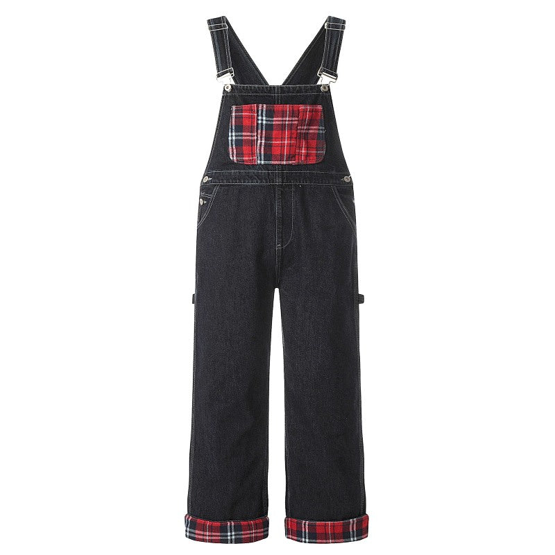 Yiaknis Dark Denim Overalls with Red Plaid Pockets and Cuffs