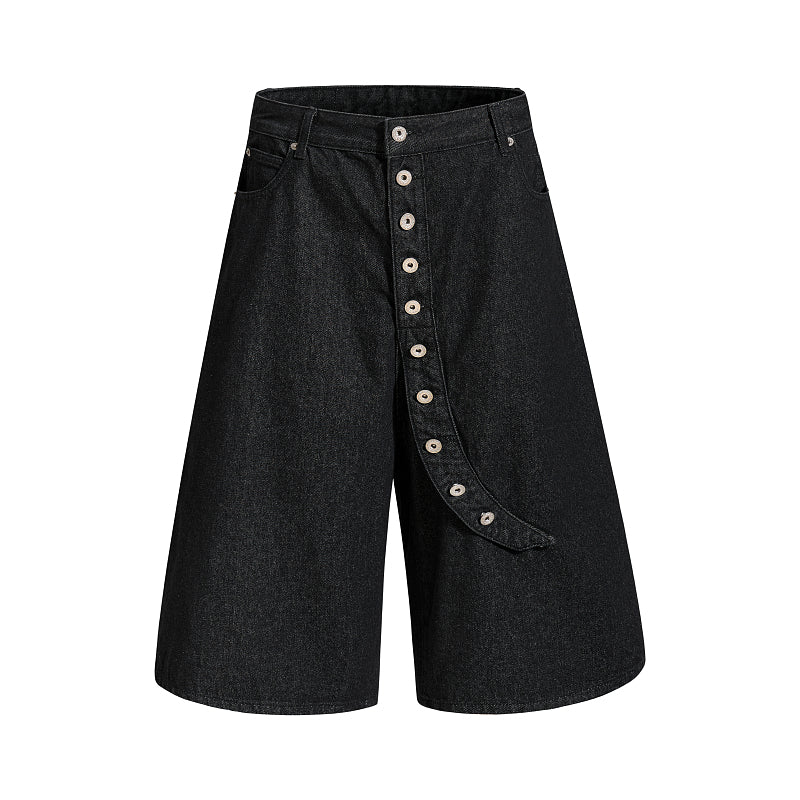 Yiaknis Wide-Leg Cropped Denim Trousers, Button Placket, Black – photo 3