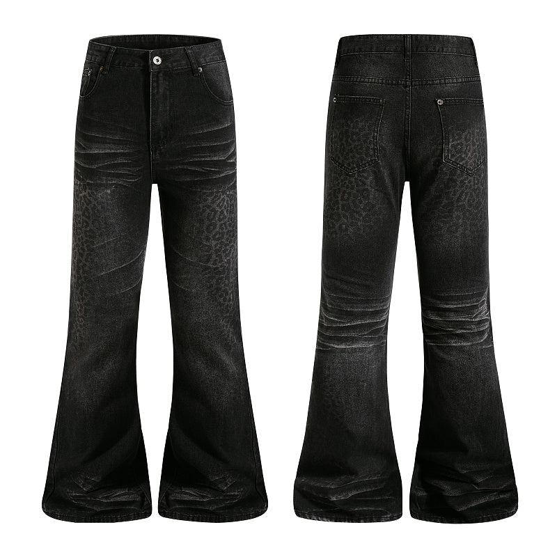 Yiaknis Black Washed Flared Jeans with Leopard Pattern, Black