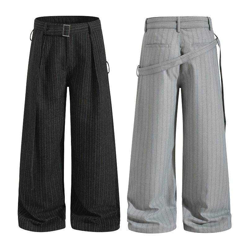 Yiaknis Black and Light Grey Pinstripe Wide-Leg Trousers, Belt Strap