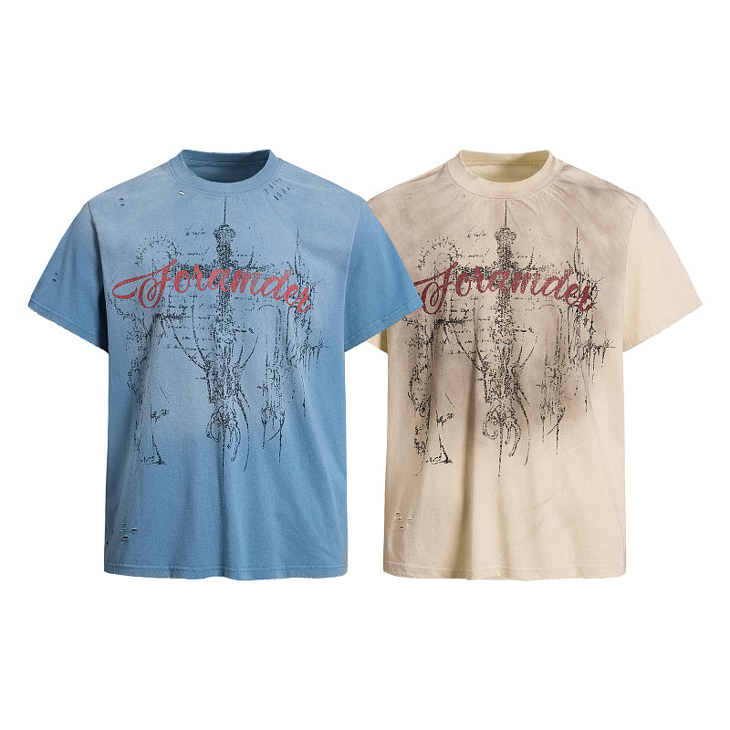 Yiaknis Washed T-Shirt, Red Script Print, Blue and Beige – photo 3