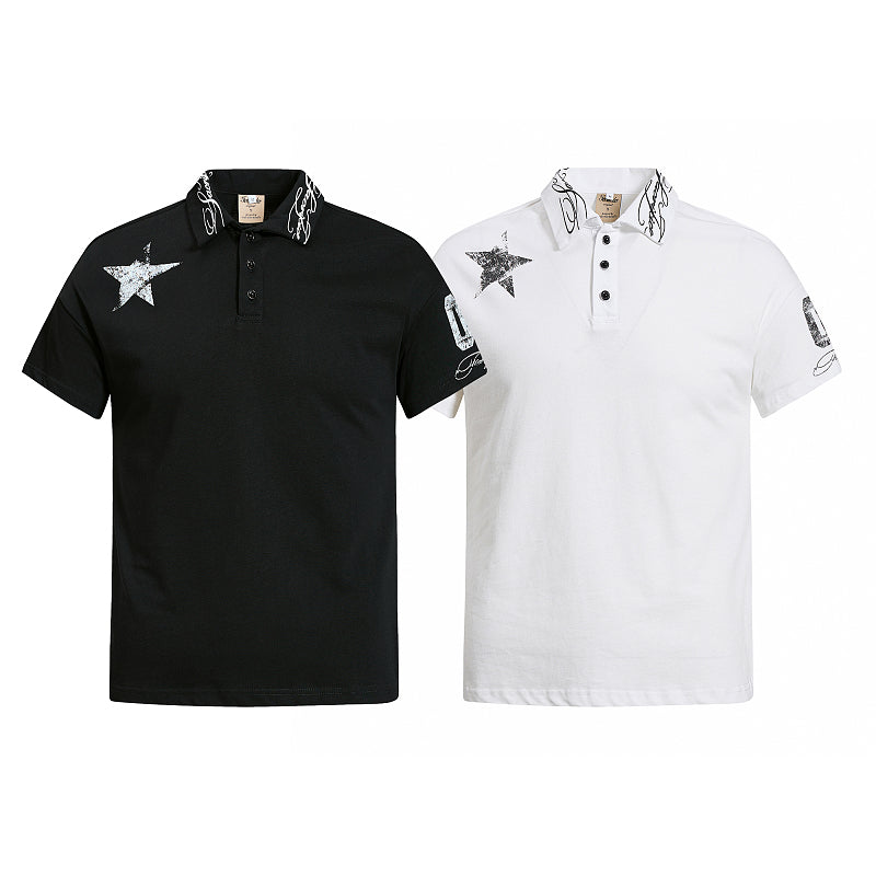 Yiaknis Men's Black and White Polo Shirt, Star Print – photo 3