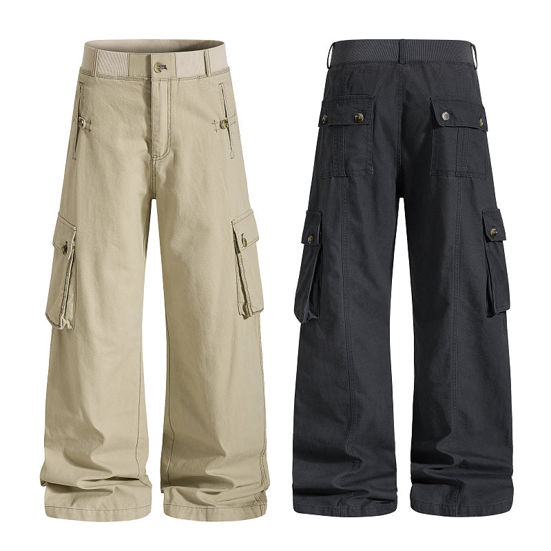 Yiaknis Khaki and Dark Grey Wide-Leg Cargo Trousers with Elastic Back Waist – photo 3