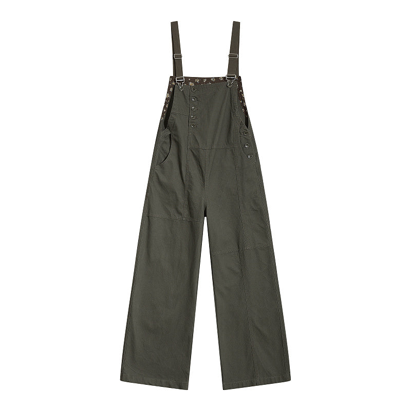Yiaknis Wide-Leg Overalls, Floral Bib Trim, Army Green and Black
