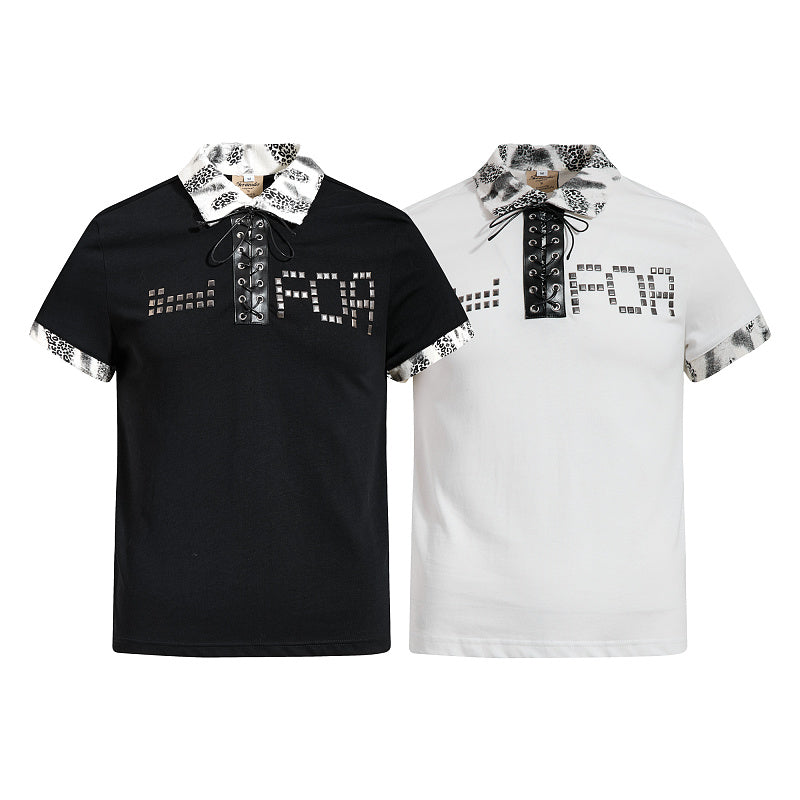 Yiaknis Men's Black and White Polo Shirt, Patterned Collar – photo 3