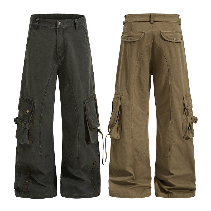 Yiaknis Wide-Leg Cargo Trousers, Pocket Straps, Dark Green and Khaki – photo 3