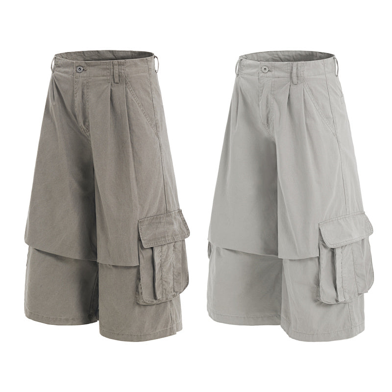 Yiaknis A-Line Cropped Trousers, Cargo Pockets, Grey and Light Grey