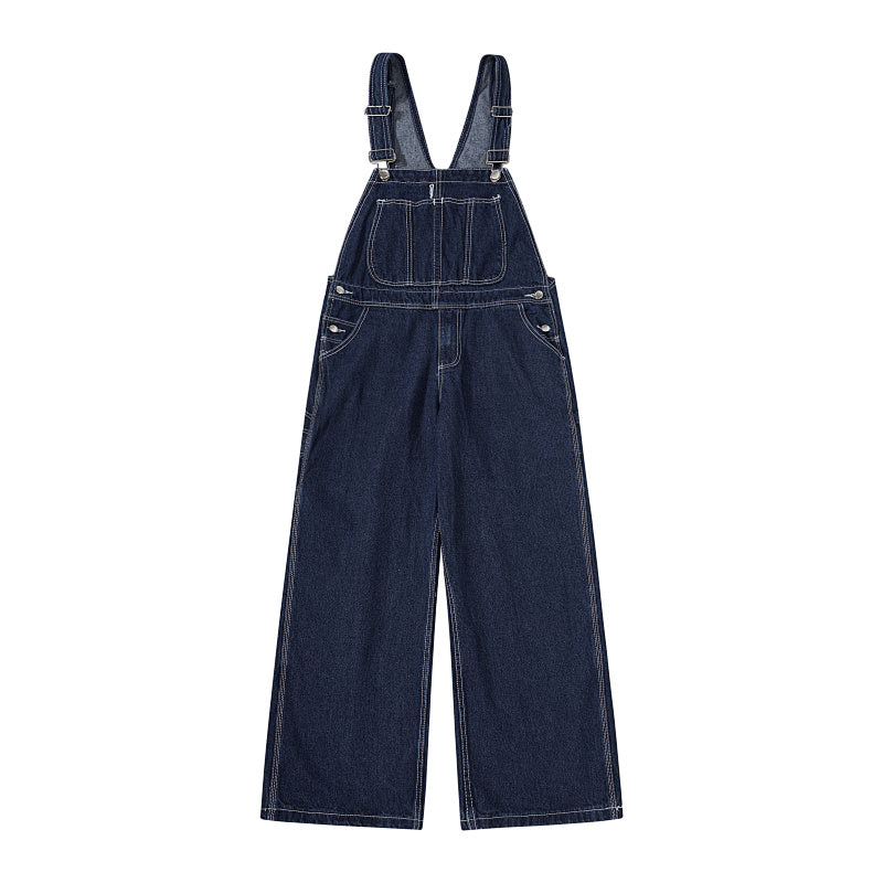 Yiaknis Wide-Leg Denim Overalls, Bib and Cargo Pockets, Dark Blue and Black – photo 3