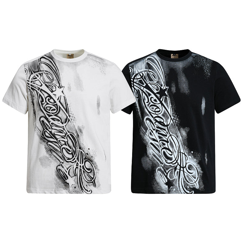 Yiaknis T-Shirt with Large Diagonal Calligraphy Print, White and Black – photo 3