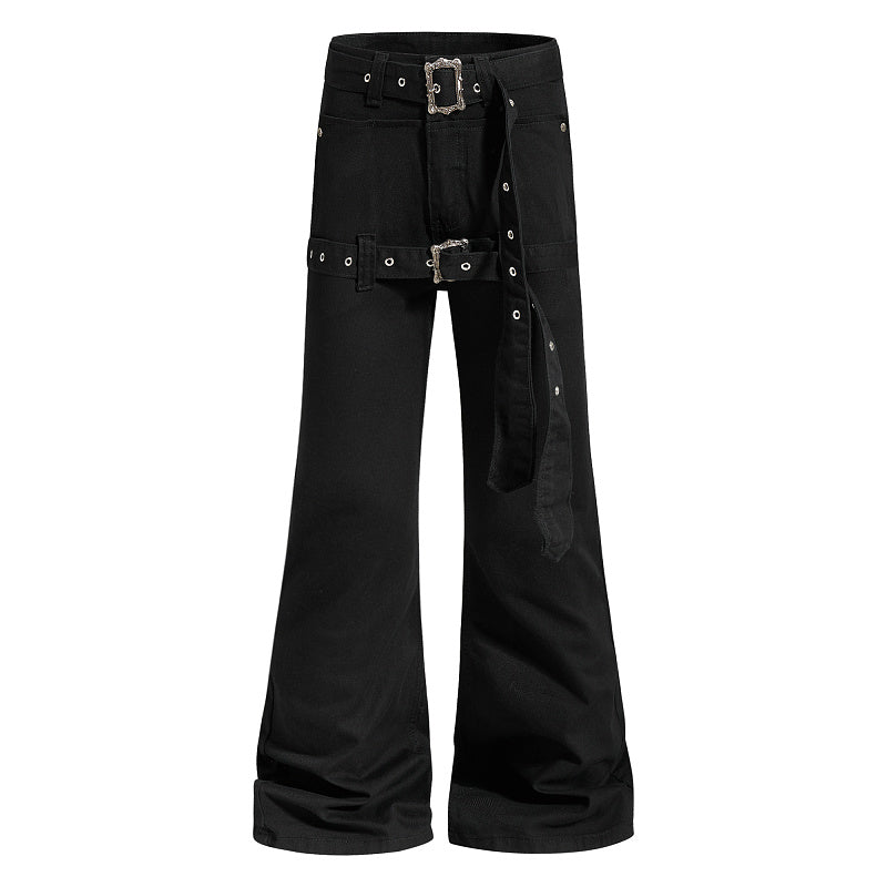 Yiaknis Black Flared Jeans with Buckle Leg Straps