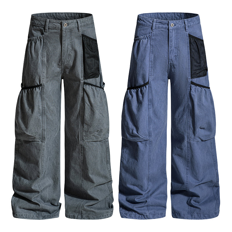 Yiaknis Wide-Leg Cargo Trousers with Mesh Pocket, Dark Grey and Blue – photo 3