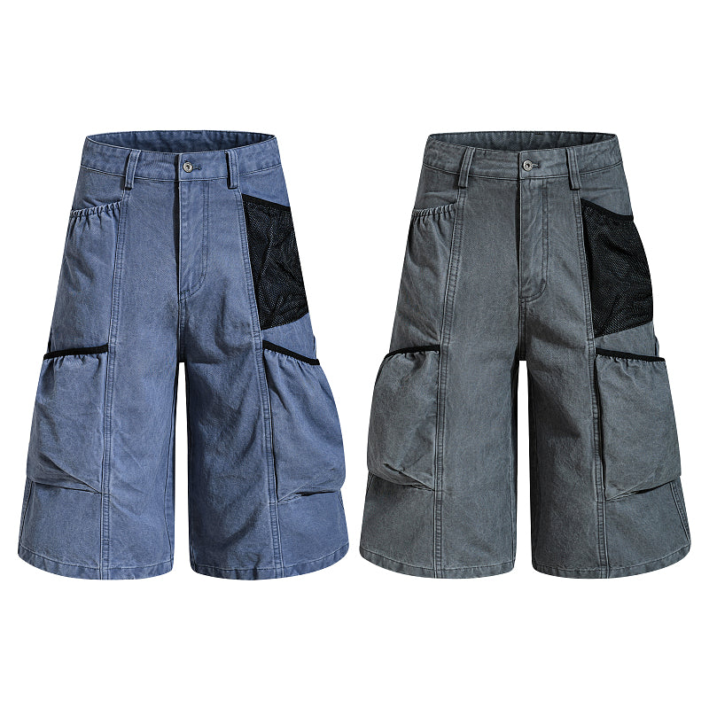 Yiaknis Wide-Leg Cropped Cargo Trousers, Mesh Panel, Blue and Grey – photo 3